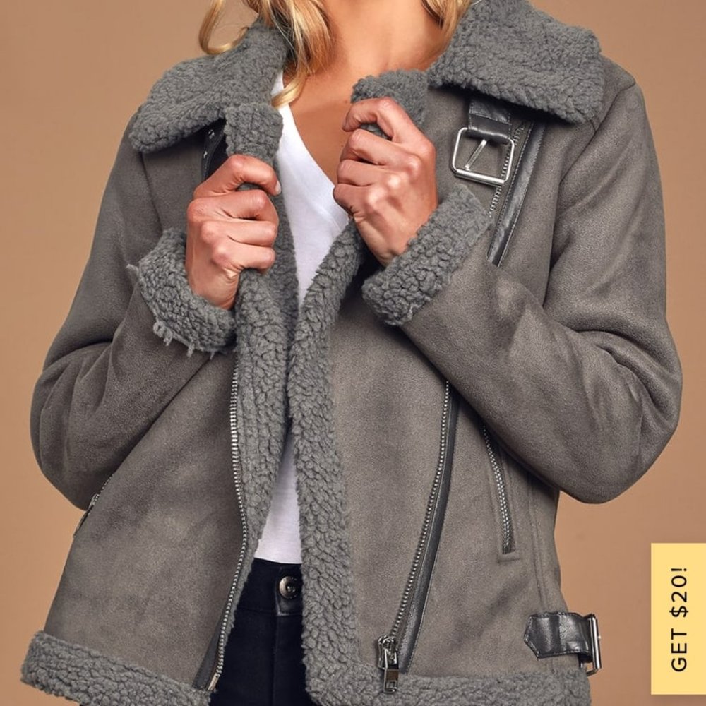 Lulus Game On Dark Grey Faux suede shearling moto jacket